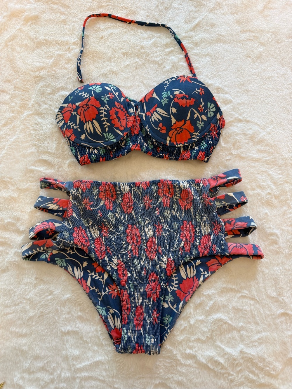 Floral Navy and Red High-Waist Bikini Set - women’s Swim
